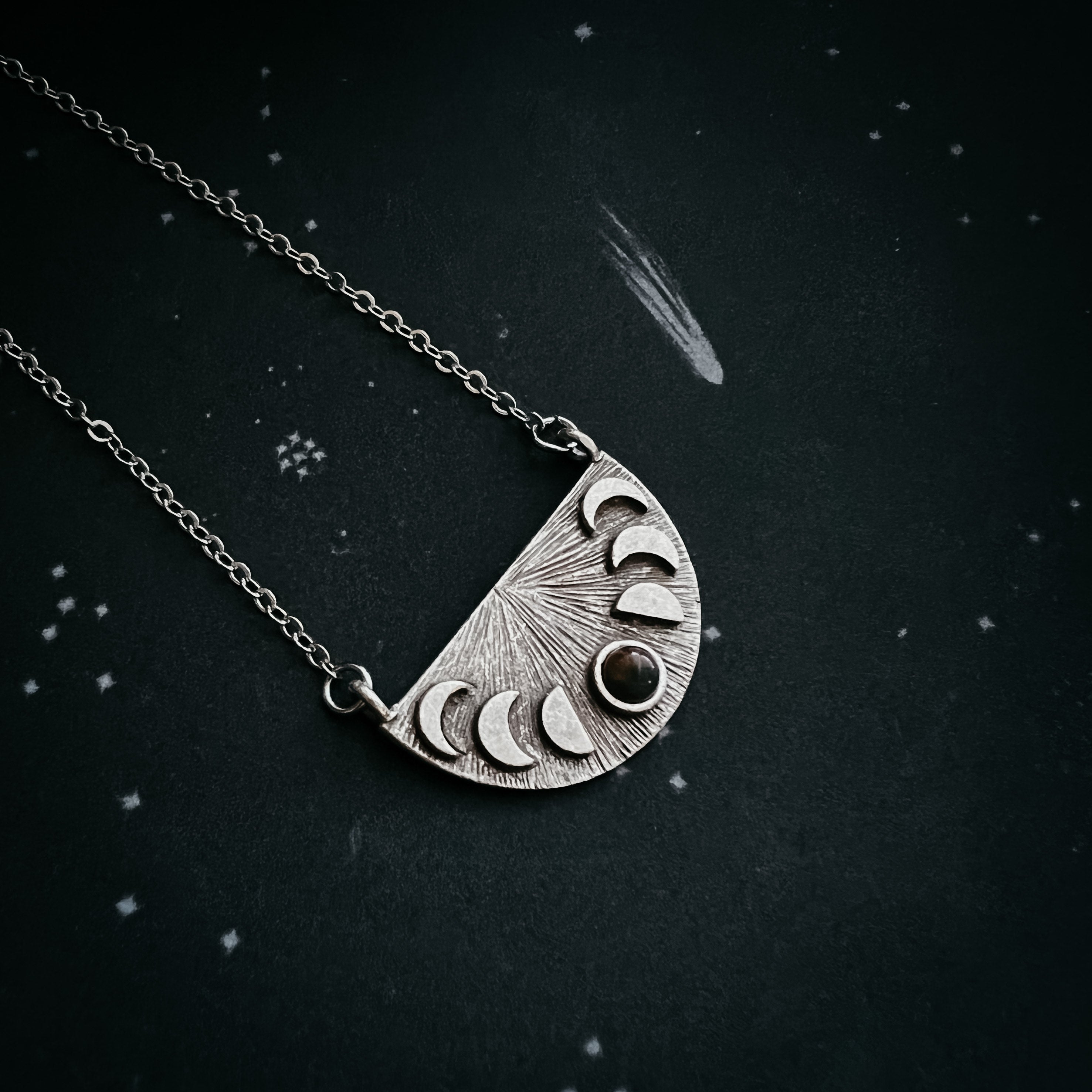 Lunar Eclipse Half Circle Pendant Necklace with Moon Phases and Black Opal